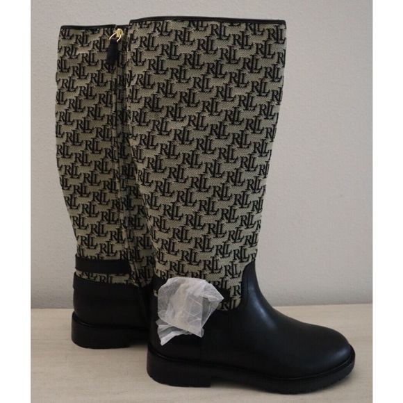 Lauren Ralph Lauren Womens Sz 7 Black Emelie Monogram Jacquard Riding Boots $250 - Picture 5 of 12